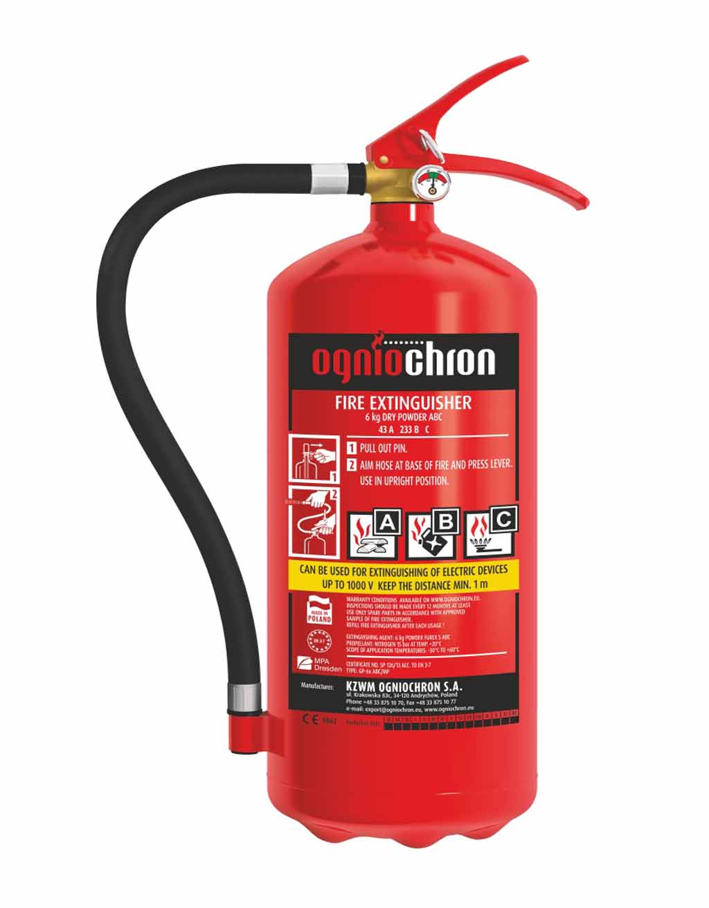 Πυροσβεστήρας ξηράς κόνεως 6 kg, 43Α-233Β 90kV για τη ΔΕΗ