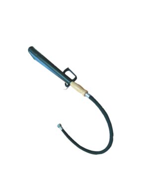 Discharge hose with plastic nozzle and wooden handle