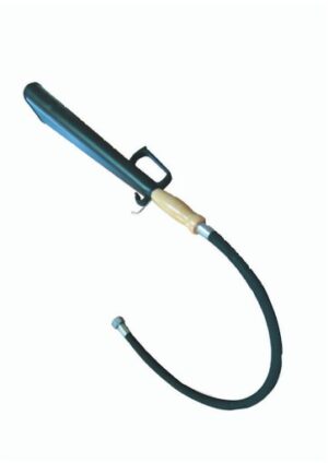 Discharge hose with plastic nozzle and wooden handle.