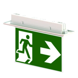 Ceiling emergency light, with a base for recessed installation.